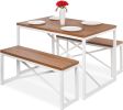 Modern 3-Piece Dining Set Wood Top White Metal Frame Table and 2 Bench Chairs